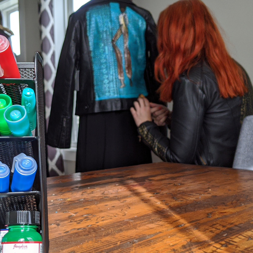 Jen working on jacket