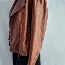 Load image into Gallery viewer, brown faux leather jacket with flowers
