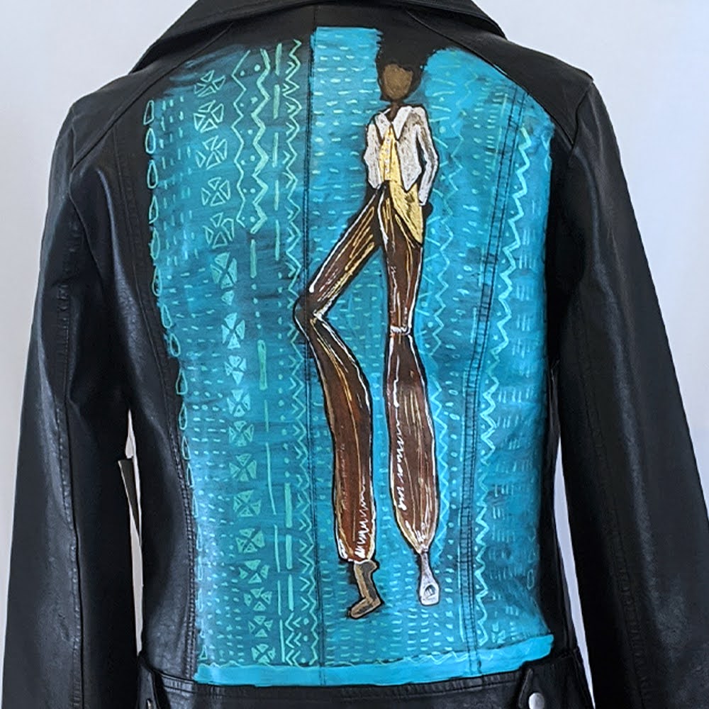 Blue jacket hand painted back - close up