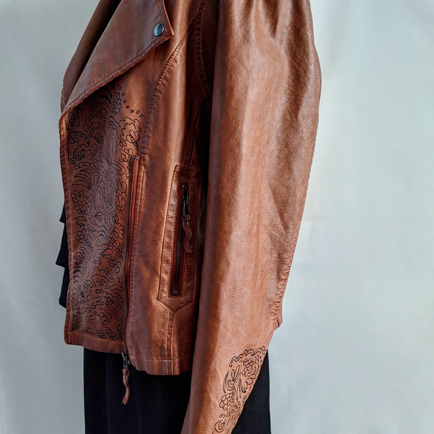 brown faux leather jacket with flowers