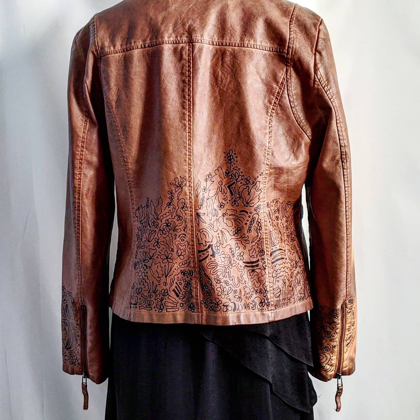 brown faux leather jacket with flowers