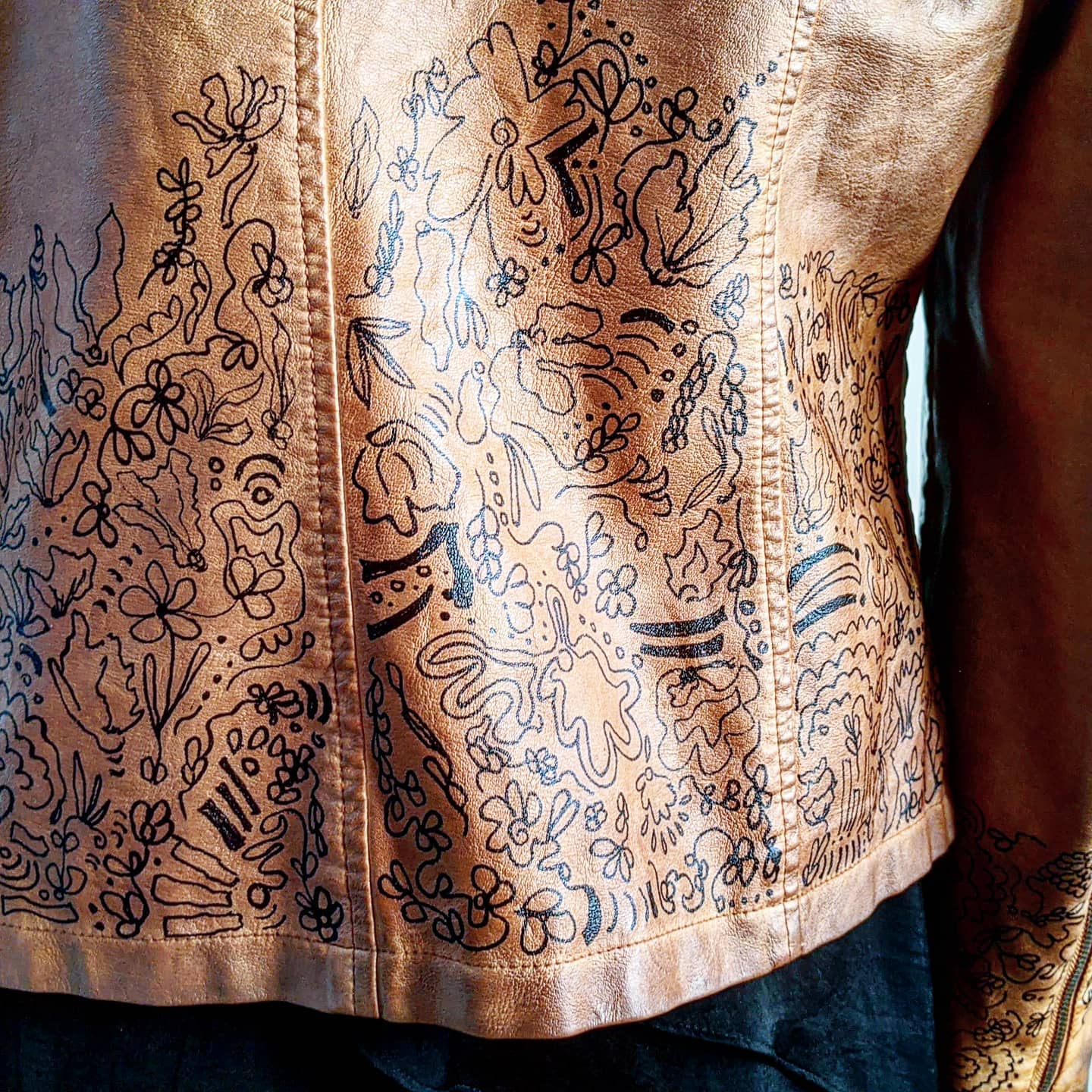 brown faux leather jacket with flowers