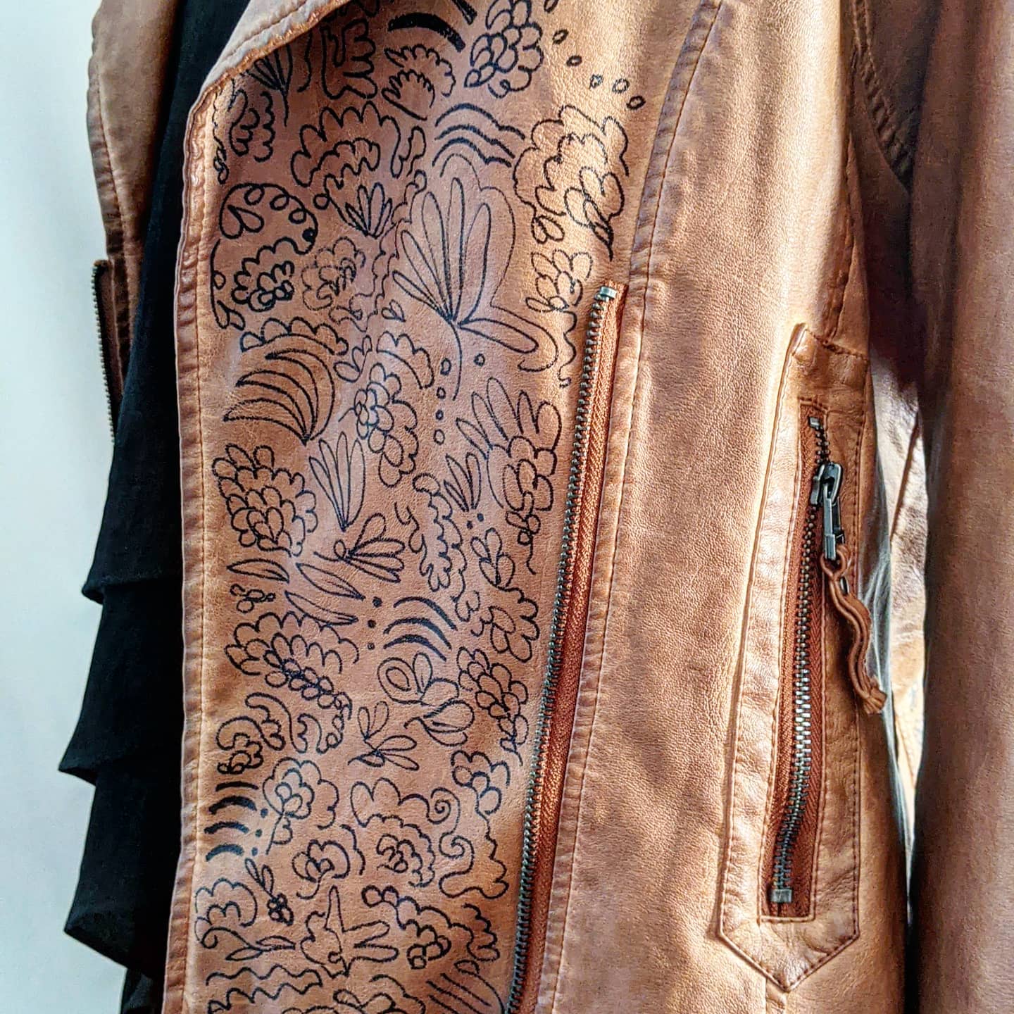 brown faux leather jacket with flowers