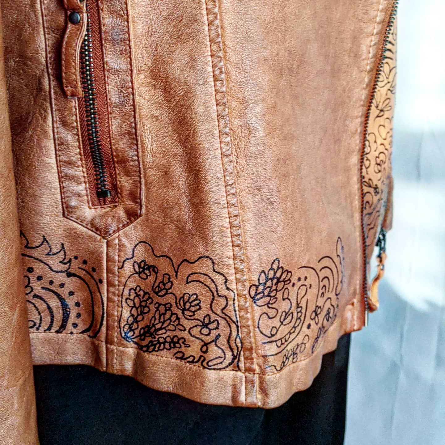 brown faux leather jacket with flowers