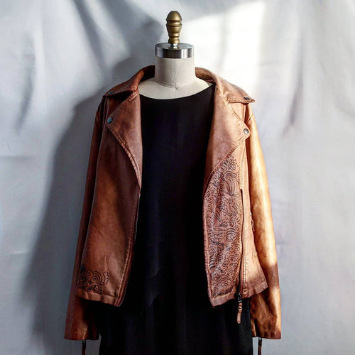 brown faux leather jacket with flowers
