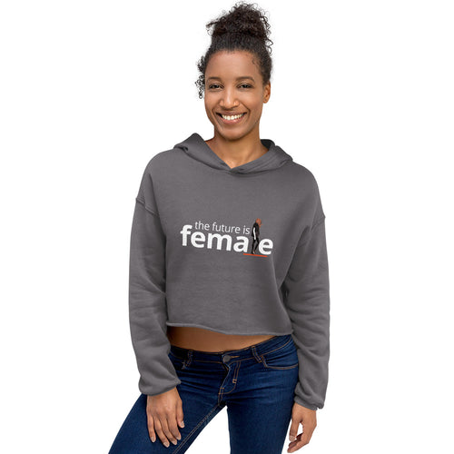 The future is female gray cropped hoodie with graphic